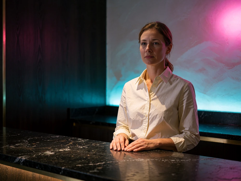 Calm concierge in a tailored ivory shirt standing behind a dark stone counter in a quiet private lounge at night