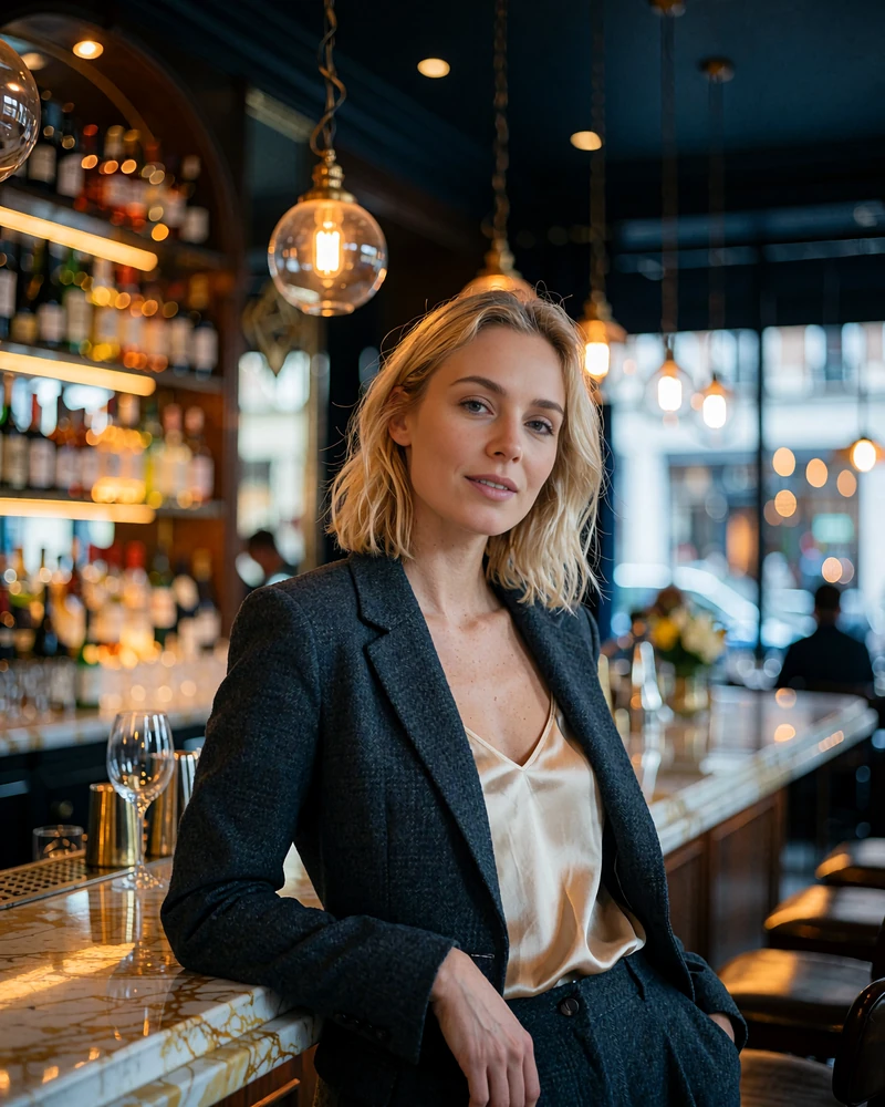 Blonde woman in a charcoal blazer over a champagne camisole leaning against a marble counter in an upscale Boston brasserie