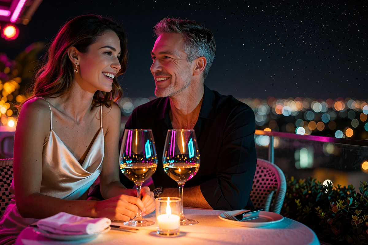 Couple sharing wine at a small rooftop restaurant table above the Orlando skyline at night