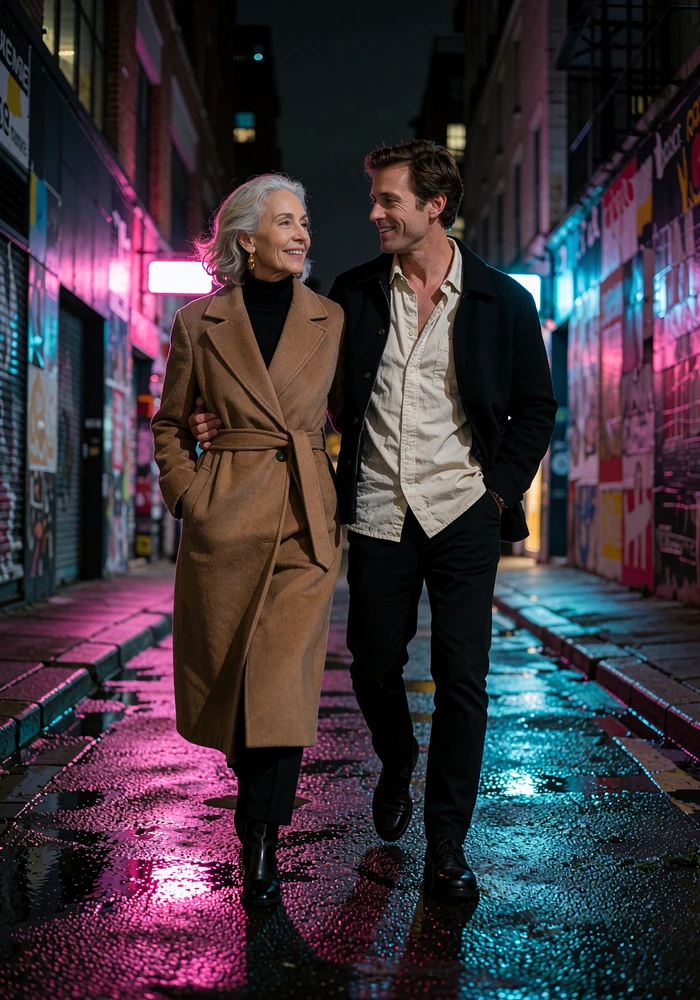 Elegant older woman in a belted coat walking arm in arm with a younger man on a neon-lit street