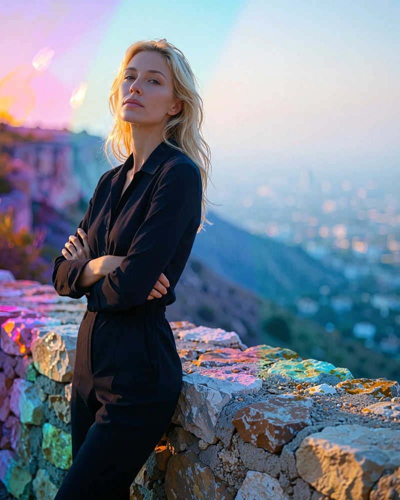 Blonde woman in a black jumpsuit standing beside a stone wall on a Los Angeles canyon overlook