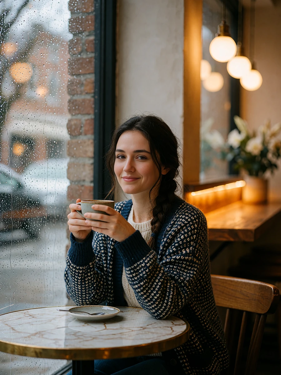 Woman with dark hair in a loose braid holding a ceramic cup at a marble café table beside a rain-speckled window
