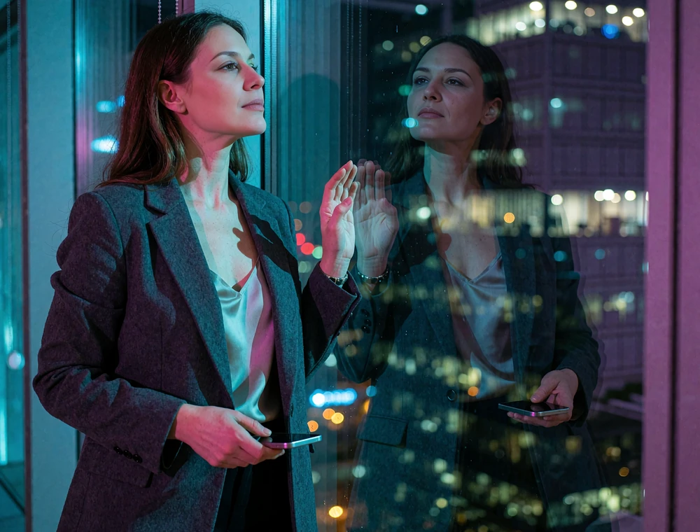Woman in a charcoal blazer standing by a high-rise window at night before a confident phone call