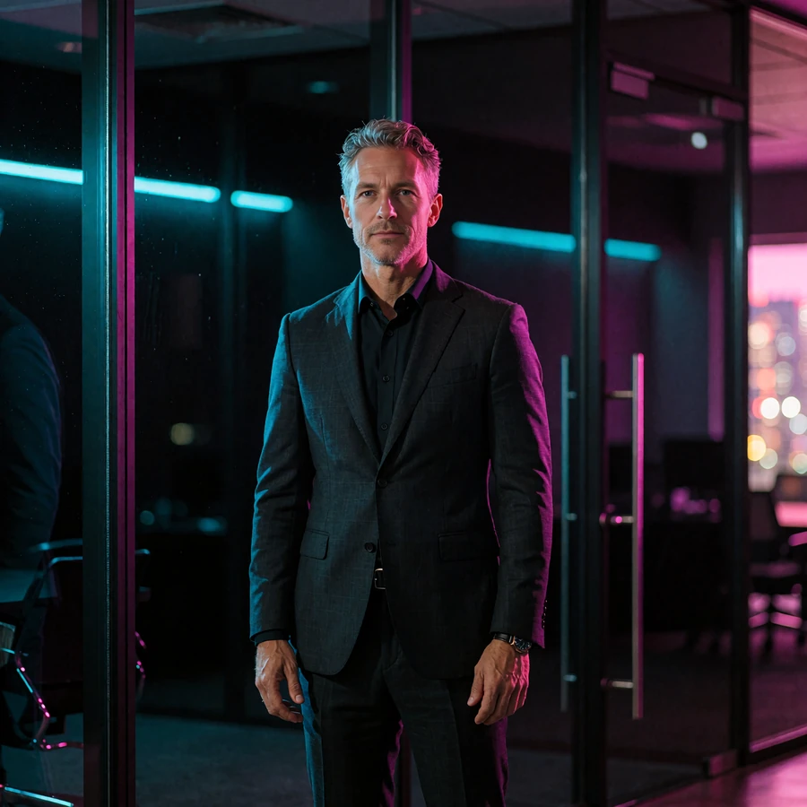 Composed man in a dark tailored suit standing in a glass-walled office at night with a neon city skyline behind him
