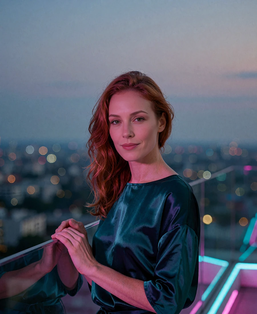 Woman with auburn hair in a teal satin top standing at a rooftop lounge edge above Seattle at dusk