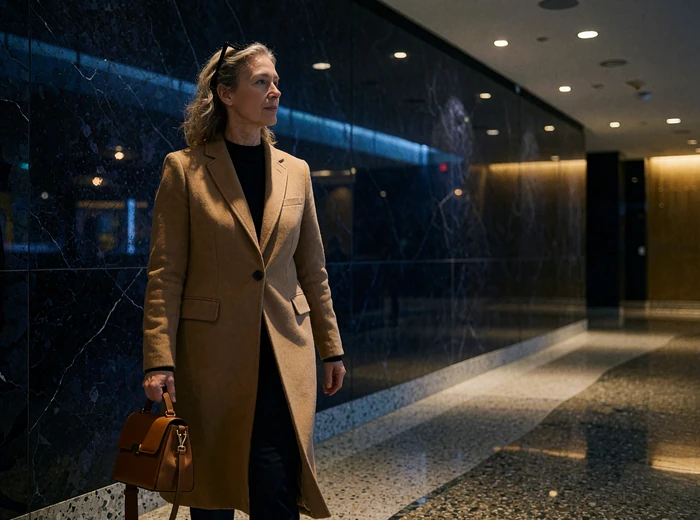 Woman in a camel coat walking through a quiet private airport lounge corridor at night with a small leather bag
