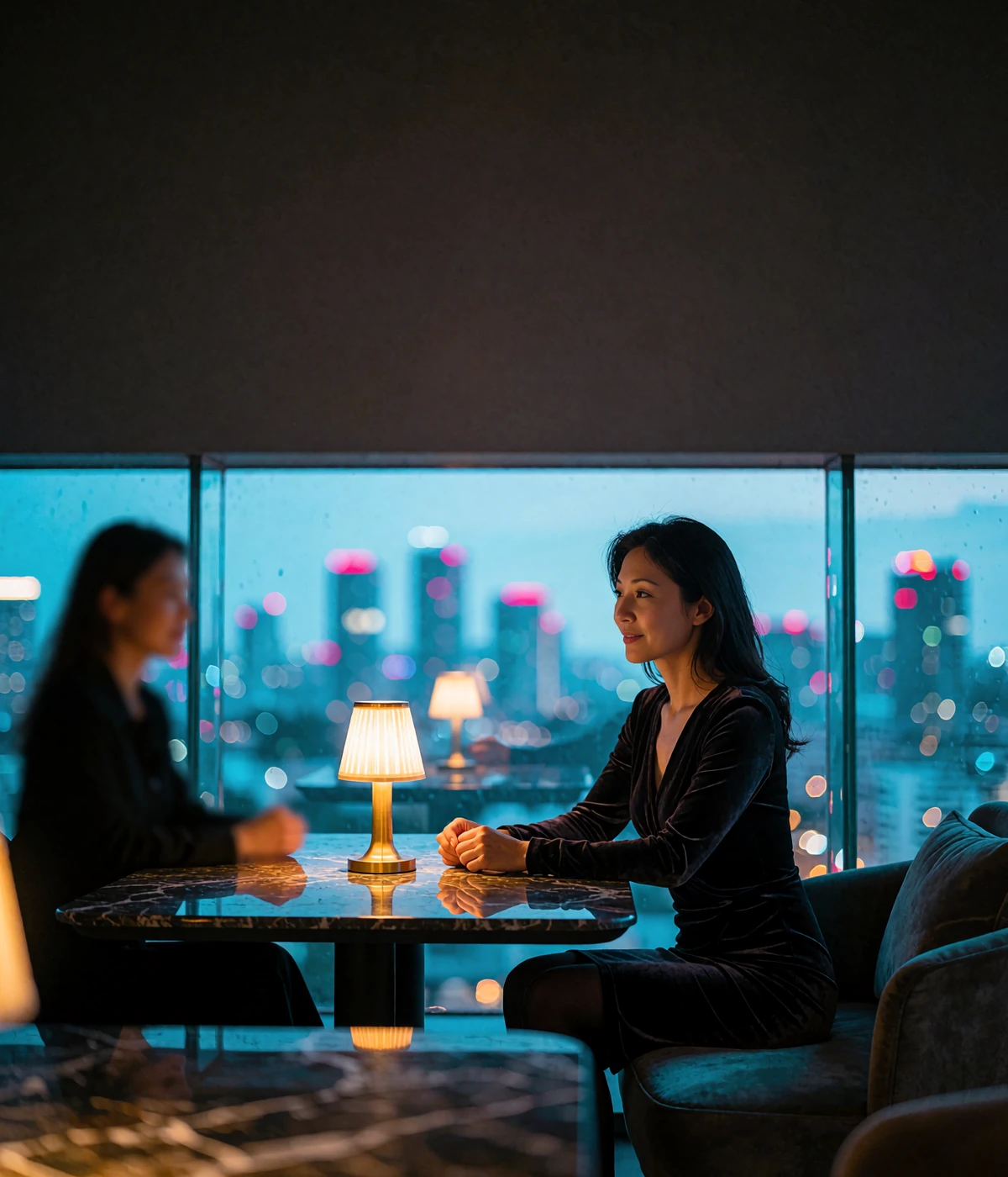 Woman in a dark dress leaning forward mid-conversation at a low table in an upscale rooftop lounge at night