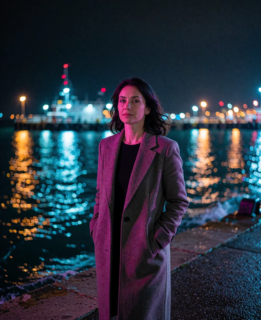 Woman in a tailored wool coat walking along the Seattle waterfront promenade at dusk