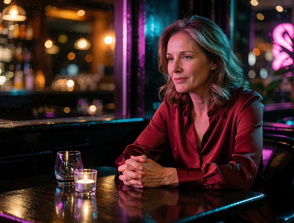 Woman in a wine-red silk blouse leaning forward in warm conversation at a candlelit restaurant table