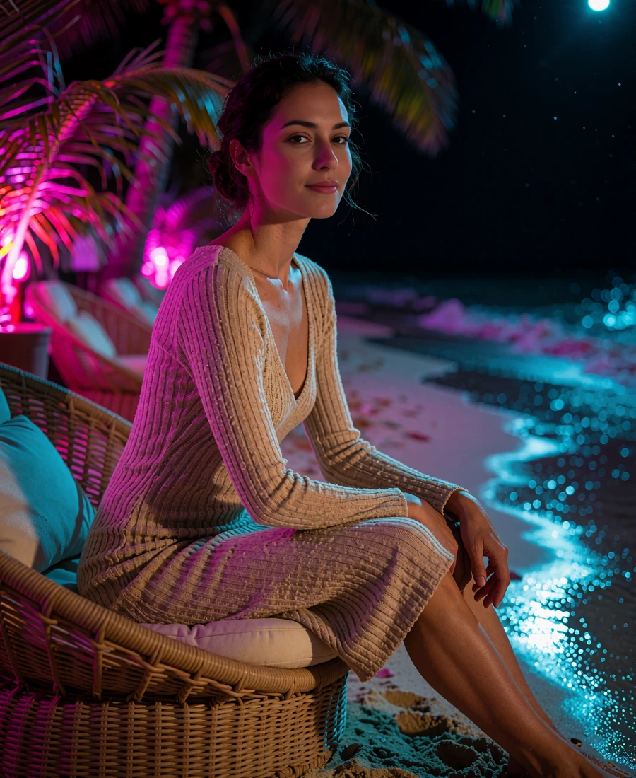 Woman in a sand-colored knit dress seated at an oceanfront beach club in San Diego