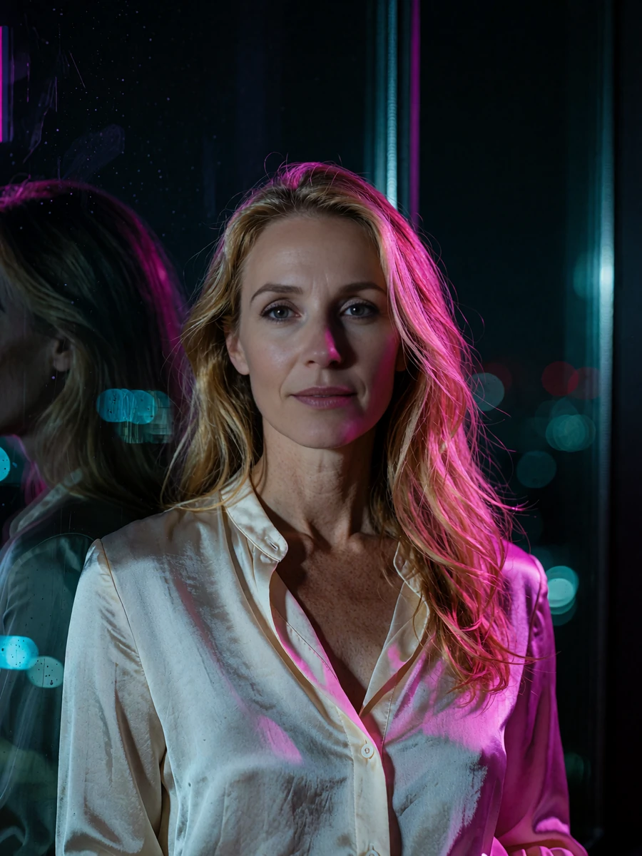 Woman in her forties with honey-blonde hair wearing a cream silk blouse standing in a dark penthouse interior with reflective city glass behind her