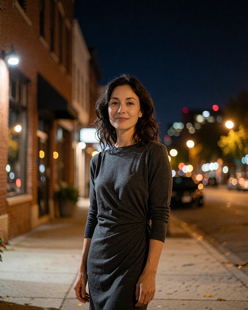 Woman with dark wavy hair in a fitted charcoal dress standing on a quiet Short North arts-district sidewalk in Columbus