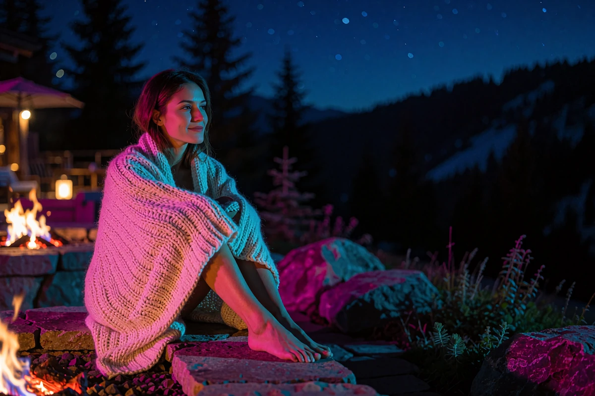 Woman wrapped in an ivory throw sitting by an outdoor fire lounge at a mountain resort near Denver at night