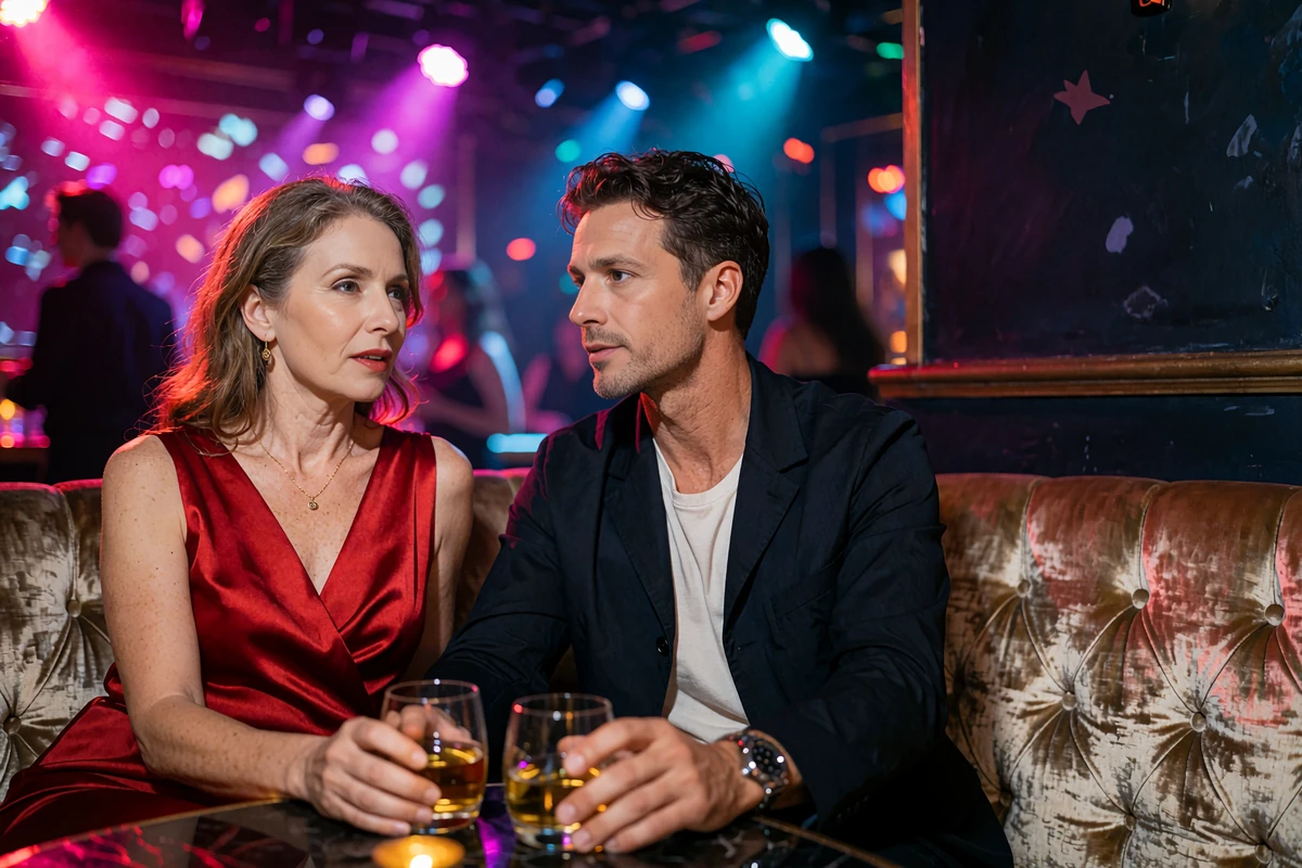 Confident woman in a red satin dress and a younger man in a dark jacket sharing conversation at a velvet banquette in a Miami nightclub lounge