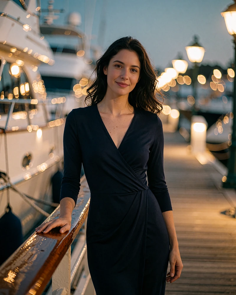 Dark-haired woman in a navy wrap dress standing on a marina boardwalk at dusk near Tampa
