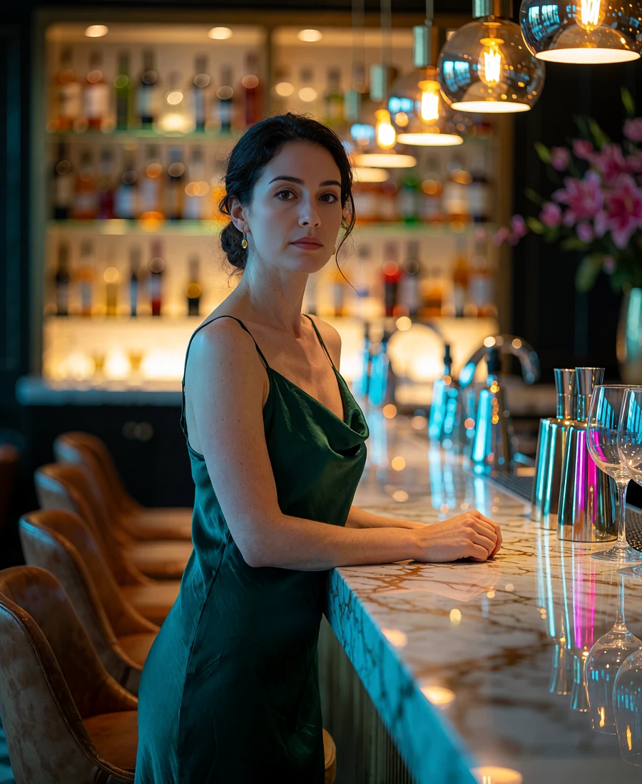 Woman in an emerald slip dress standing beside a marble bar counter in a Dallas hotel lounge