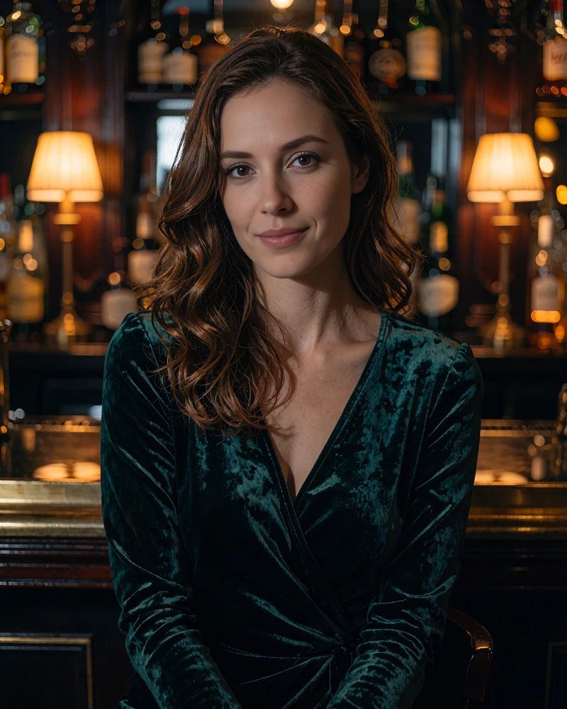 Woman with long chestnut waves in a green velvet dress seated at a dim speakeasy-style bar in Nashville