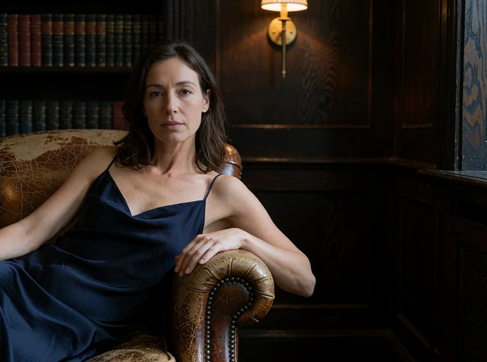 Composed woman in a navy dress seated in a private lounge, representing discreet arrangement conversations
