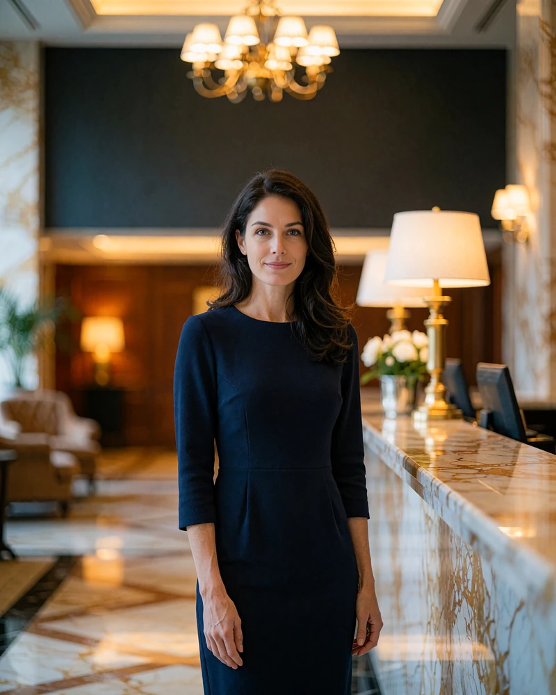 Dark-haired woman in a fitted navy dress standing in the marble lobby of a premium Indianapolis hotel