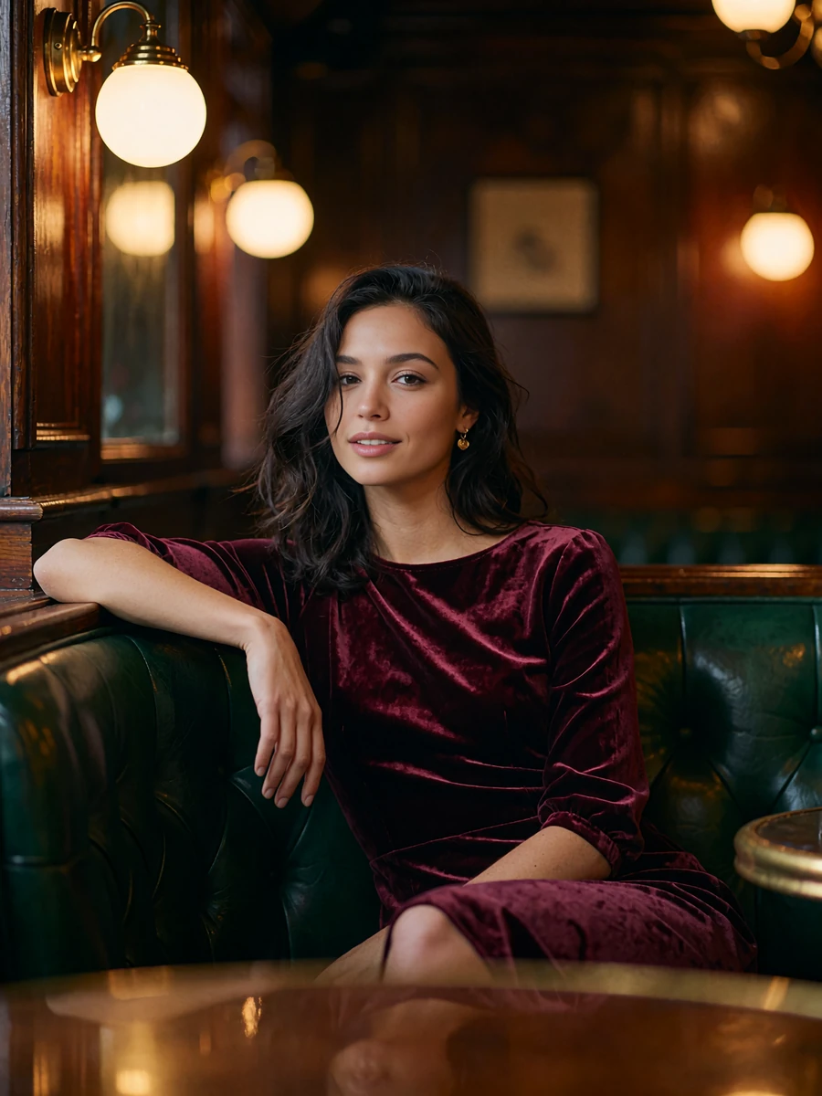 Woman with dark wavy hair in a burgundy velvet dress seated in a green leather booth of a vintage cocktail bar