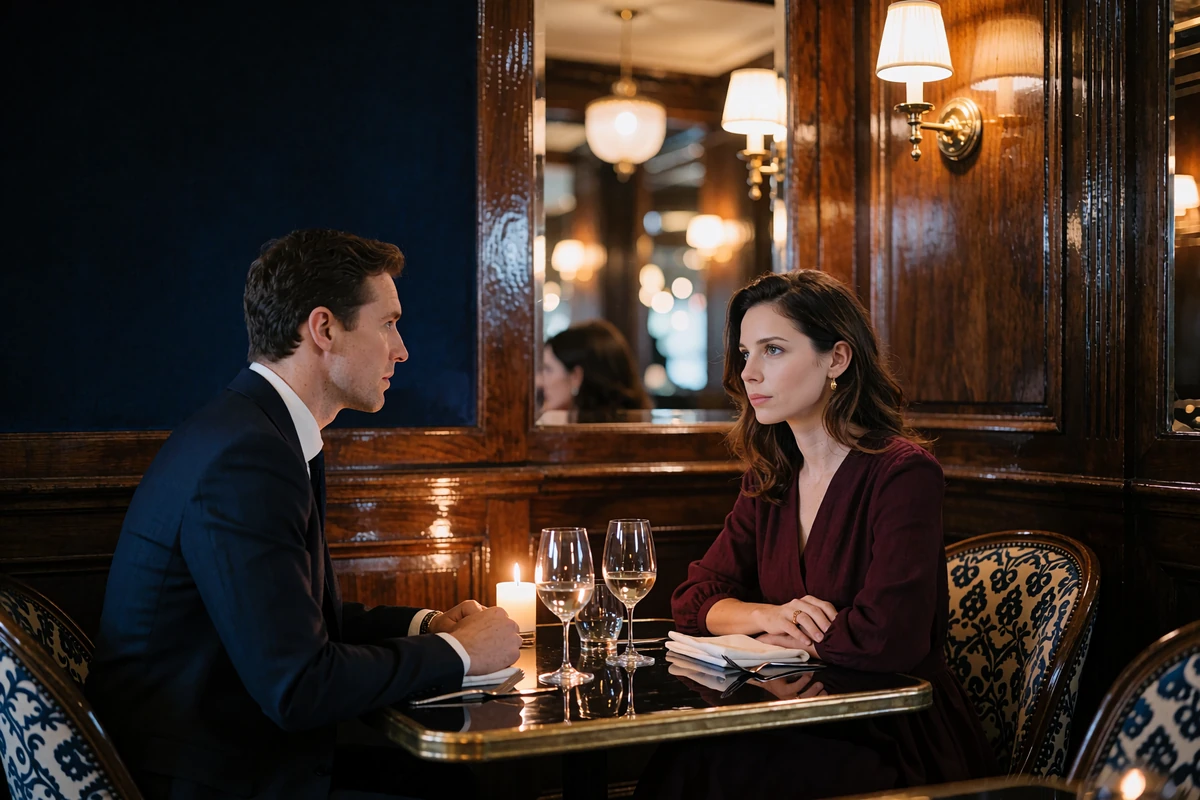 Couple at a candlelit corner table in a wood-panelled downtown Indianapolis restaurant