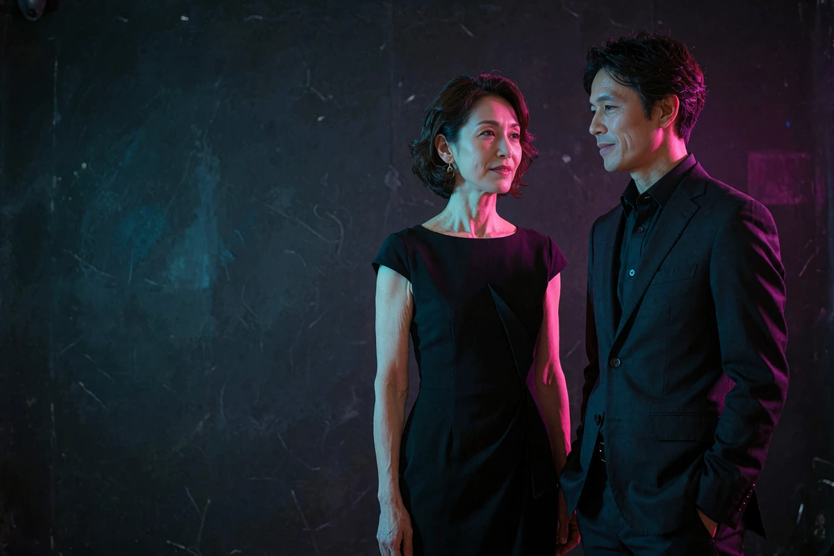 Elegant woman in a black cocktail dress and a younger man in a dark suit talking together at a dim gallery reception