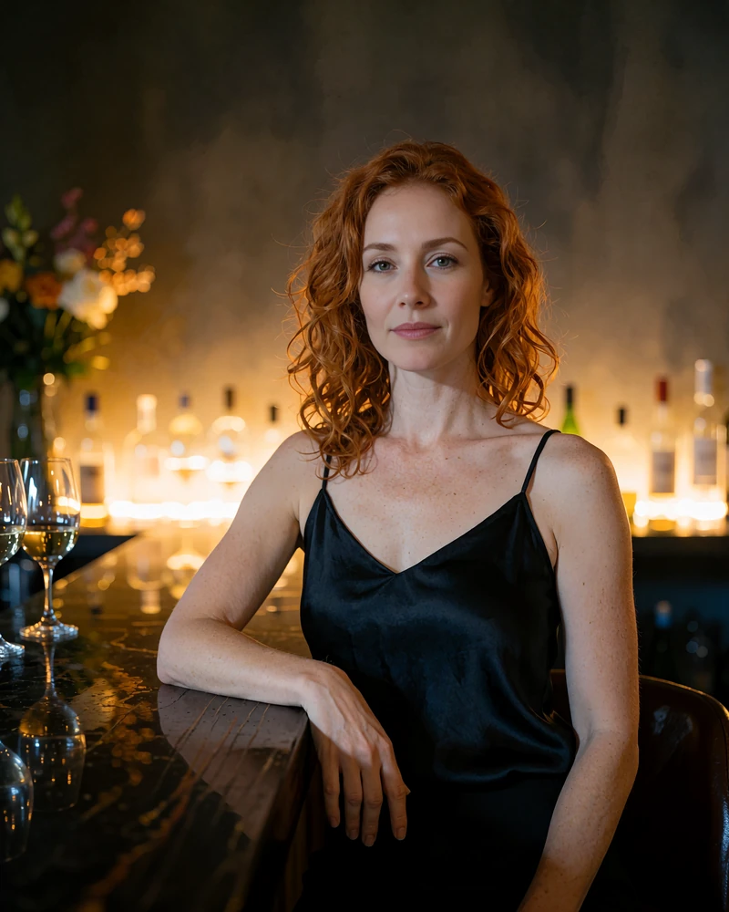 Woman with wavy copper-red hair at a dark wooden wine bar in downtown San Antonio