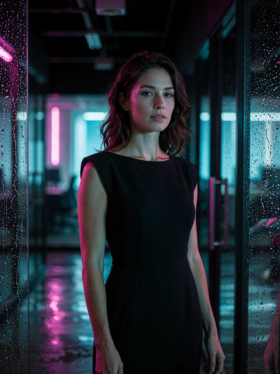 Poised brunette woman in a black evening dress photographed at night against a dark glass office corridor with cyan bokeh