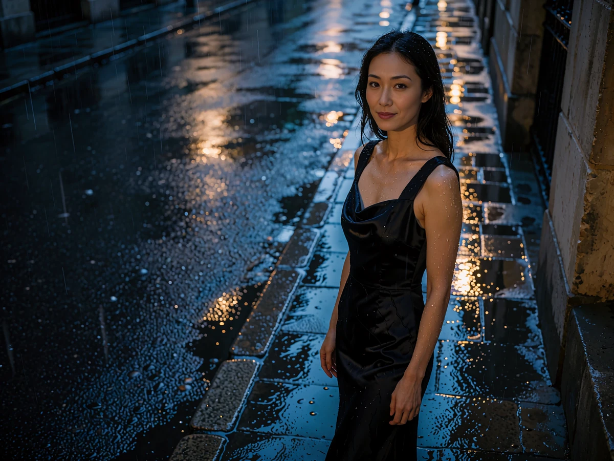 Poised woman in a black satin dress under a covered walkway on a rain-slicked Tokyo street at night