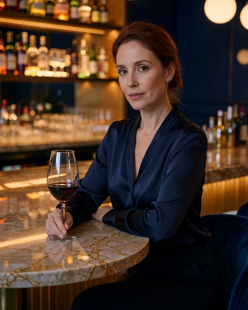 Woman with auburn hair seated at a marble wine-bar table in a warm-lit Columbus restaurant interior
