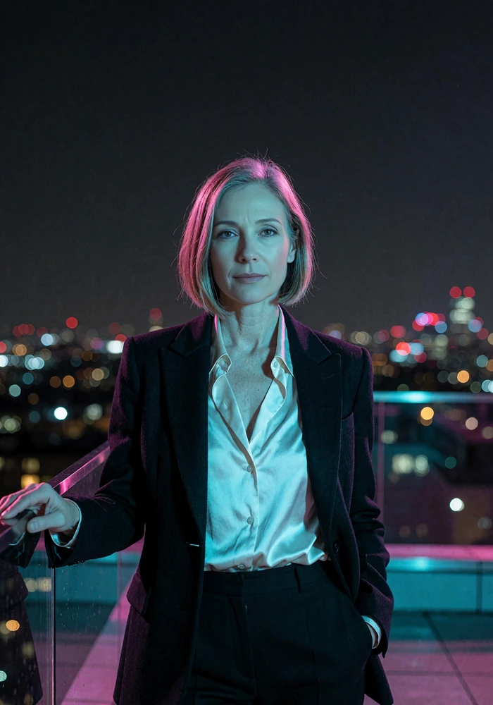 Confident woman in an ivory blouse and dark blazer on a penthouse terrace above a night skyline