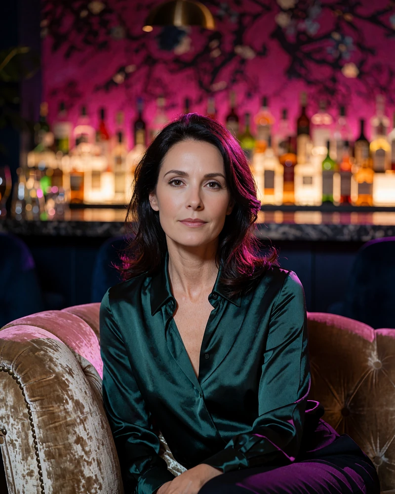 Woman with dark shoulder-length hair in an emerald silk blouse seated on a velvet sofa in a dim Miami cocktail bar