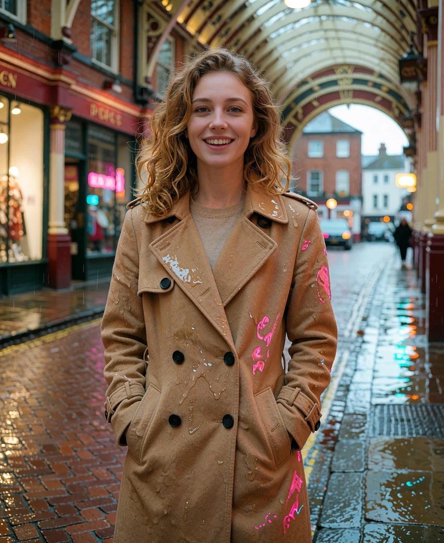 Woman with wavy light-brown hair in a camel trench coat on a damp brick street near a Seattle market