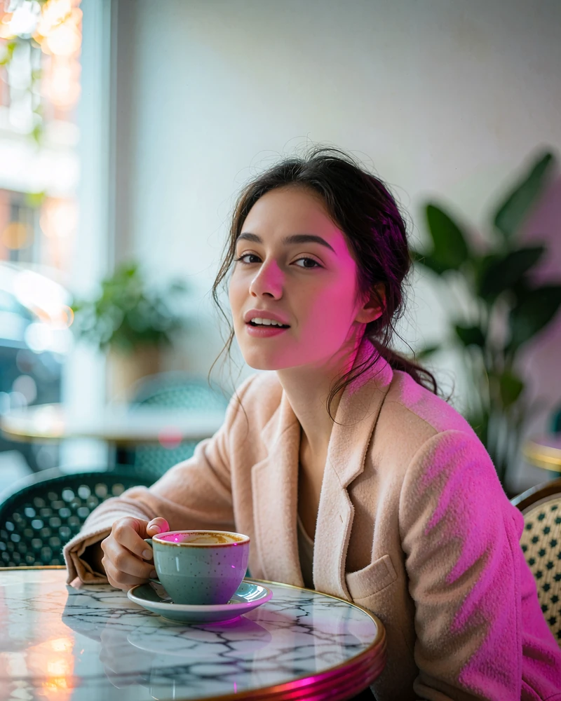 Woman with dark hair in a blush blazer seated at a marble café table in Los Angeles