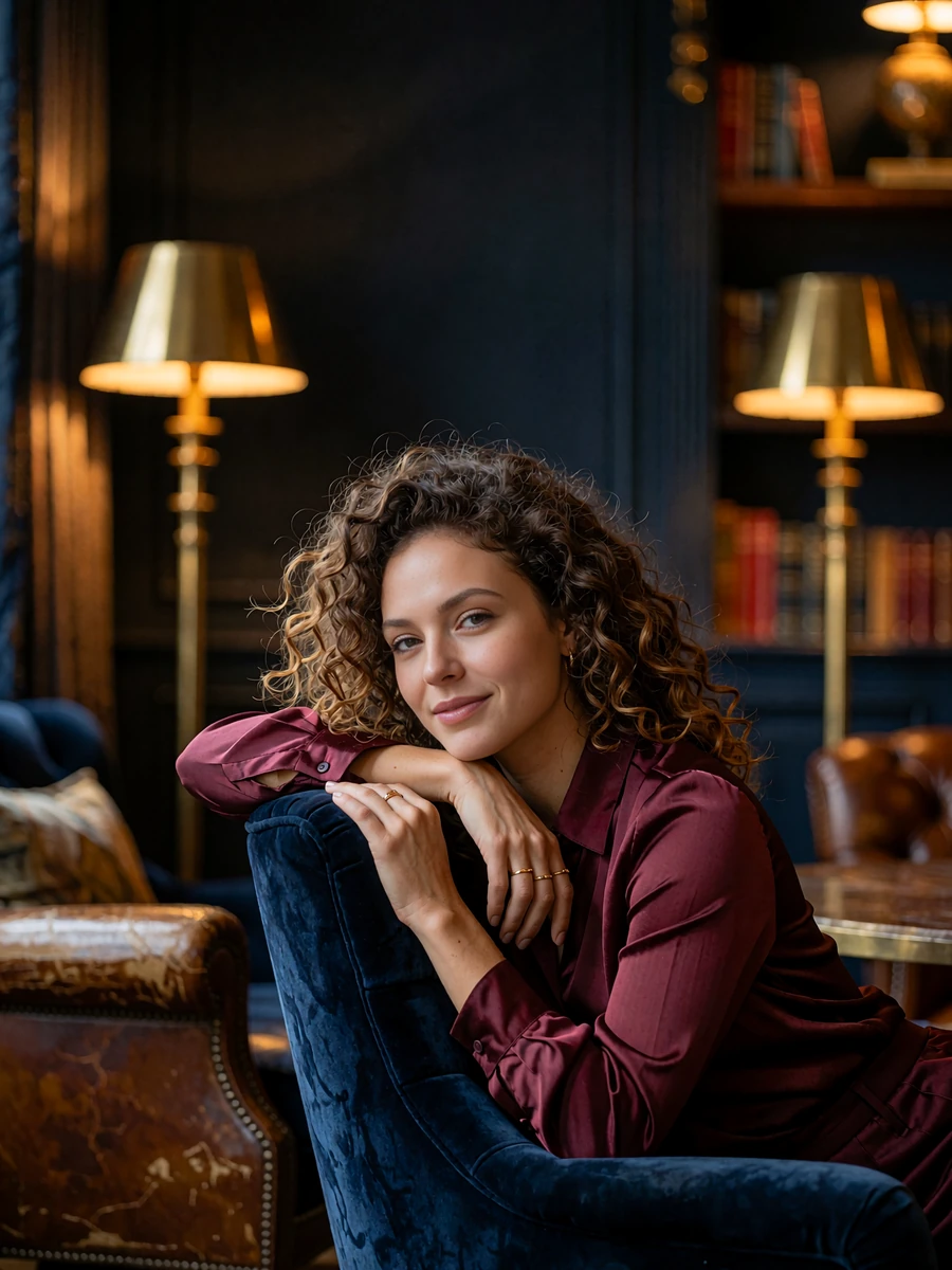 Young woman with curly hair seated in a velvet armchair in a members lounge in Atlanta