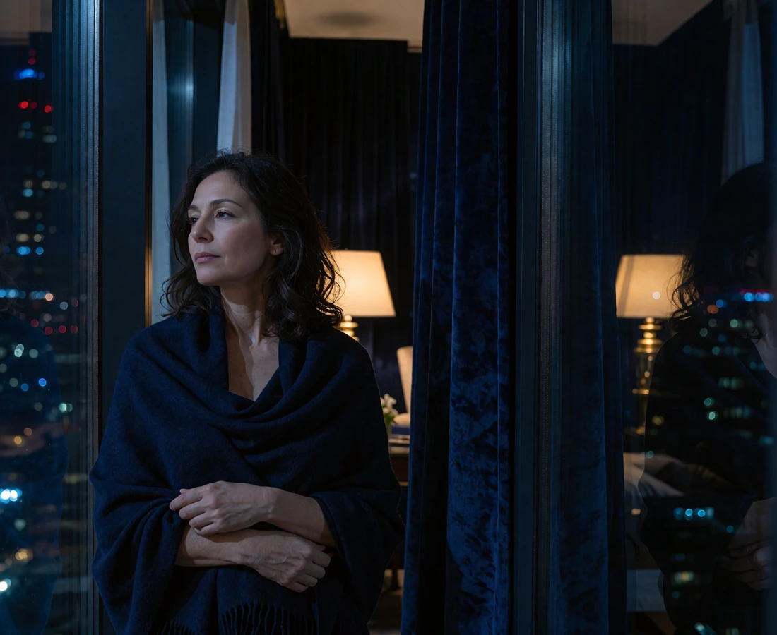 Woman wrapped in a navy cashmere shawl standing by penthouse windows at night, looking thoughtfully out of frame