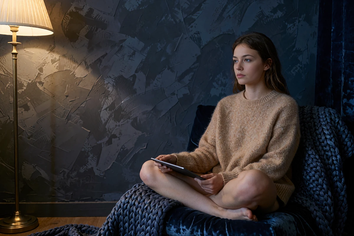 Woman in a camel knit seated with a dark tablet in a quiet modern apartment, considering digital allowance options
