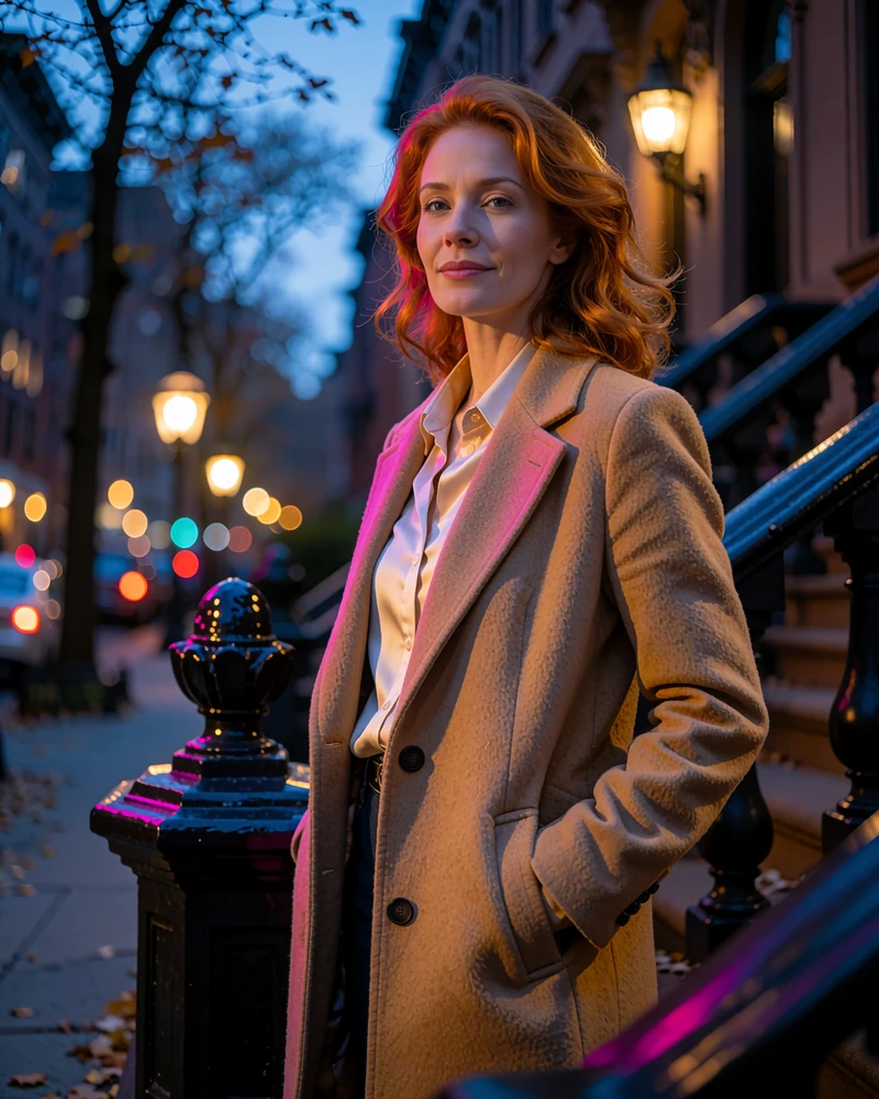 Red-haired woman in a camel wool coat standing on a brownstone stoop in the evening in New York