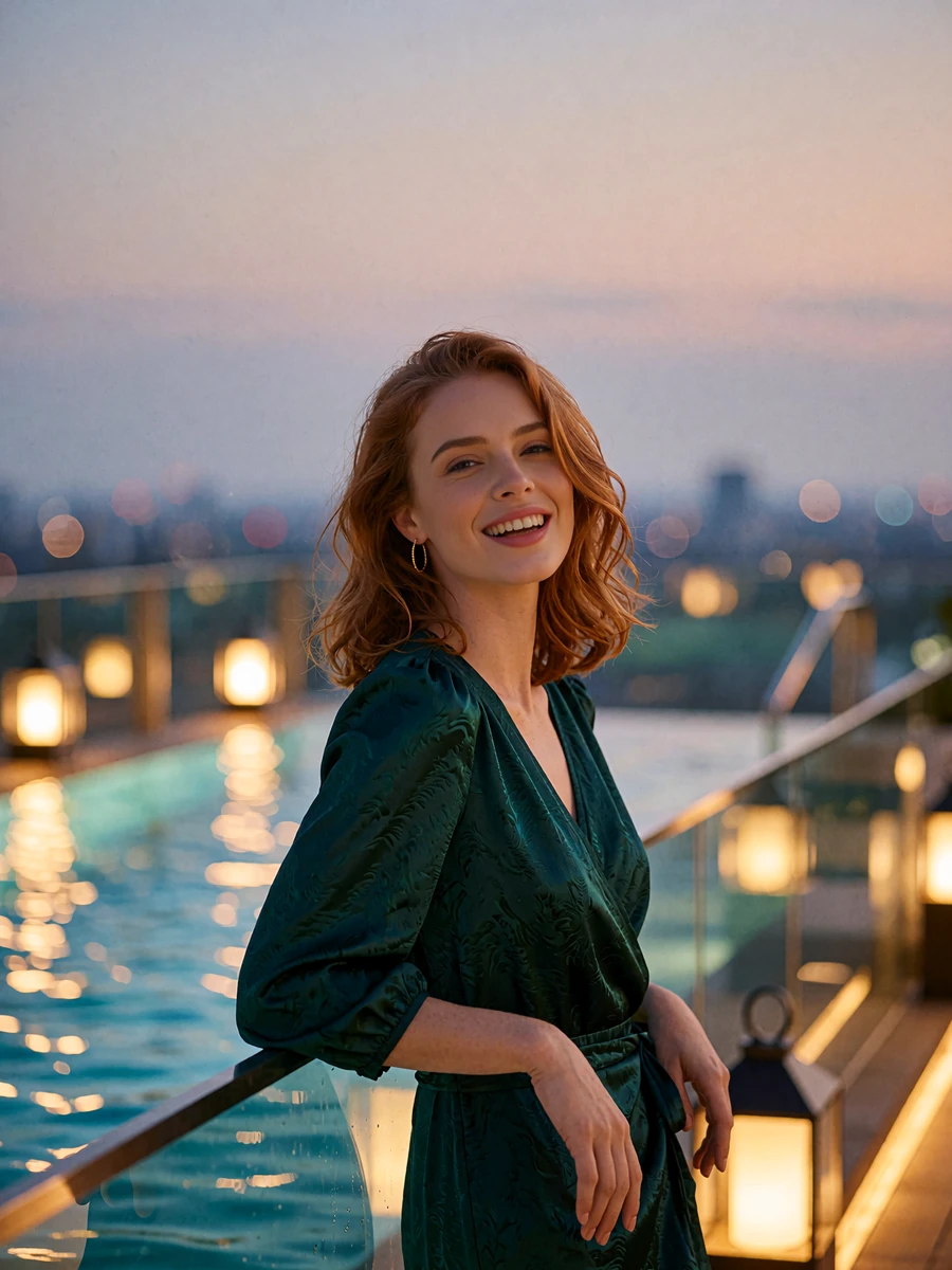 Auburn-haired woman leaning on a glass railing at a hotel rooftop pool deck in Atlanta at dusk