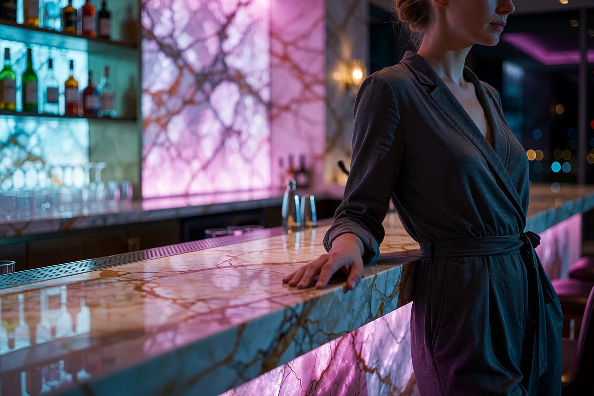 Woman in a charcoal jumpsuit leaning against a marble counter in a quiet luxury hotel bar at night