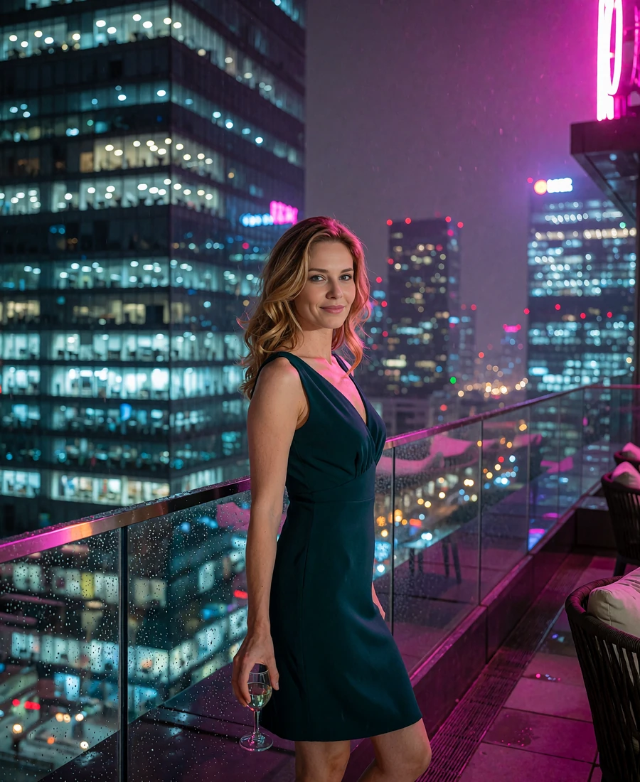 Blonde woman in a teal cocktail dress standing at a glass rooftop railing above the Seattle skyline at night