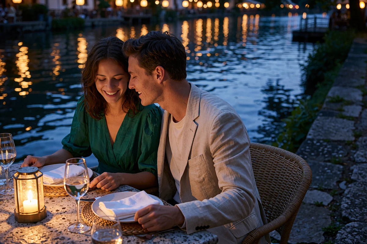 Couple dining at a riverside terrace table along the San Antonio River Walk in the evening