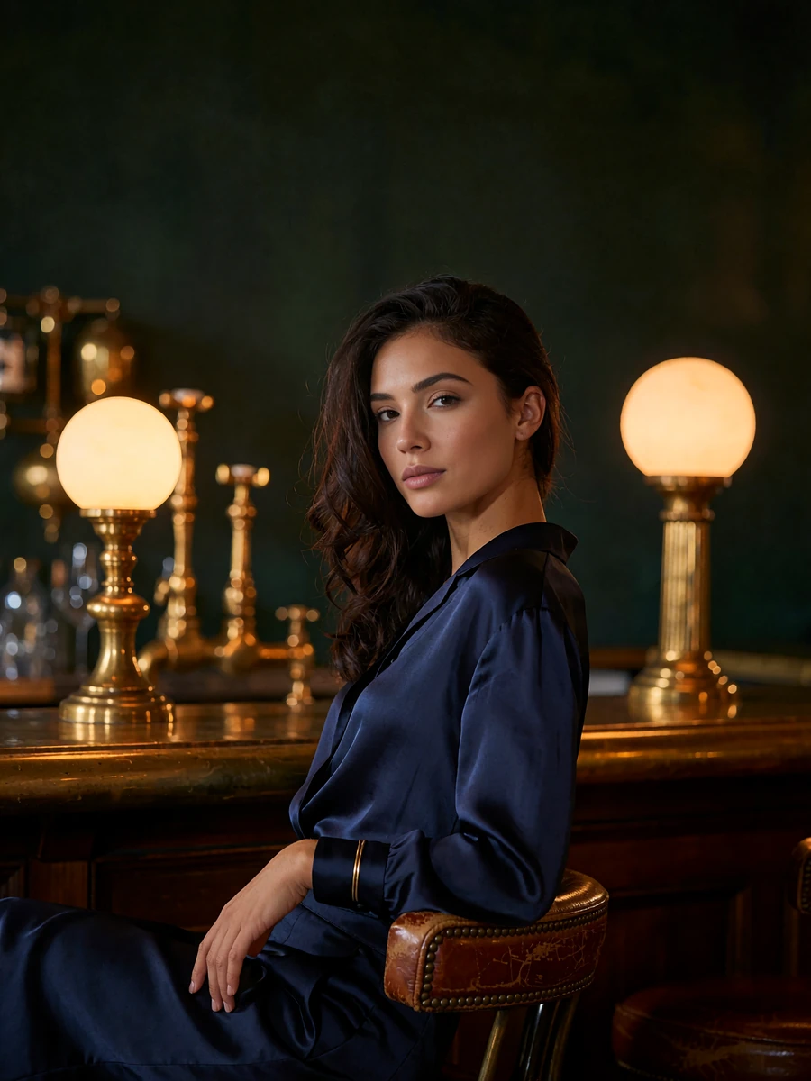 Woman with dark hair sitting confidently at a historic hotel lounge bar with brass fittings in the background
