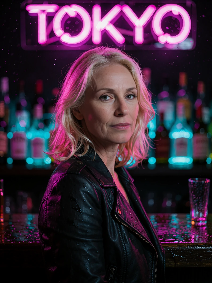 Confident mature woman in a black leather jacket standing in a dim cocktail bar with neon reflections