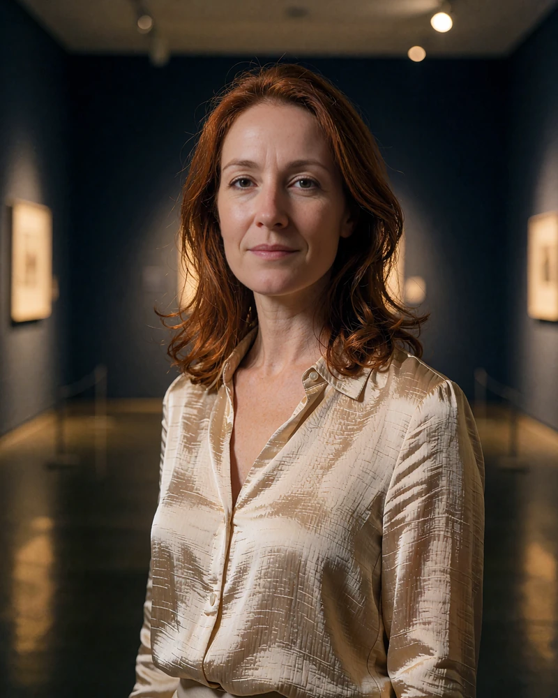 Auburn-haired woman in a champagne silk blouse standing in a dimly lit Dallas gallery corridor