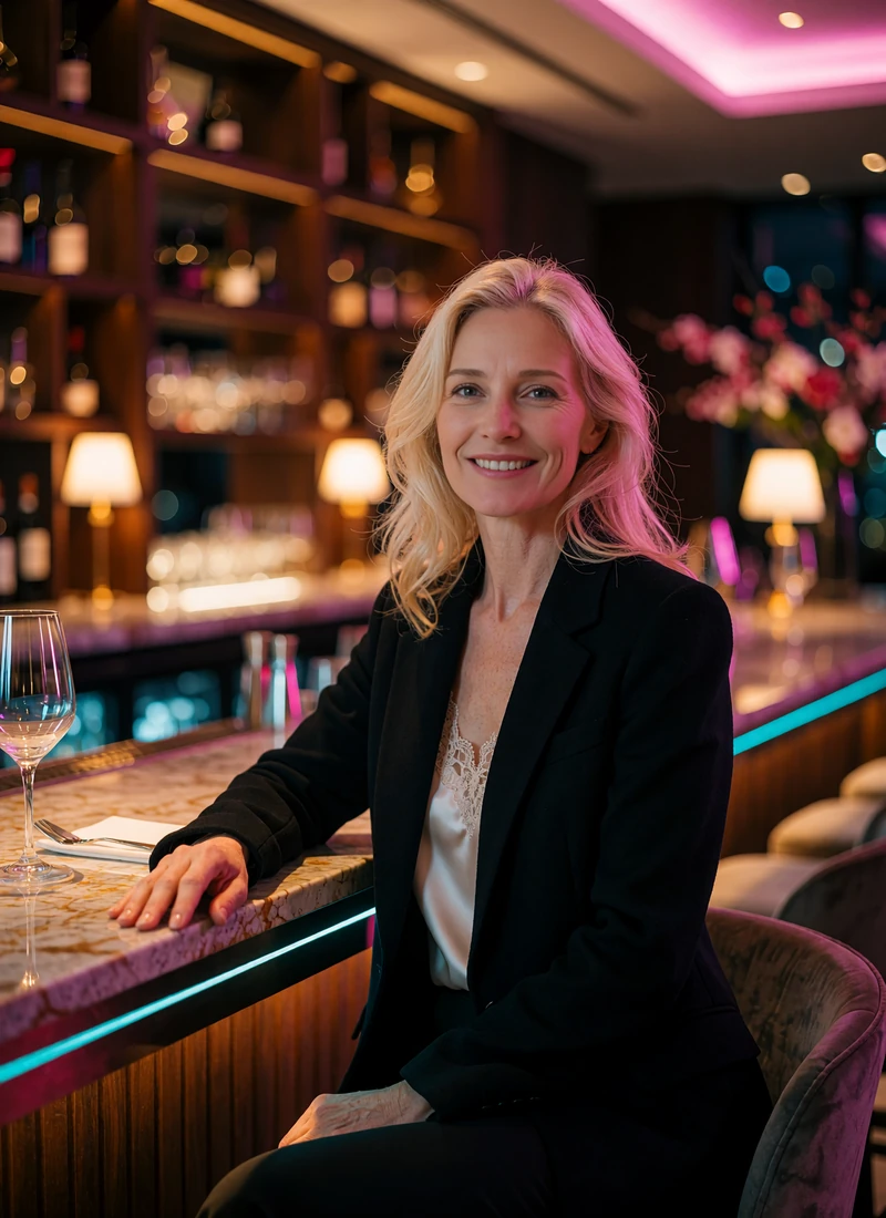 Smiling blonde woman in a black blazer seated at the counter of an upscale hotel bar