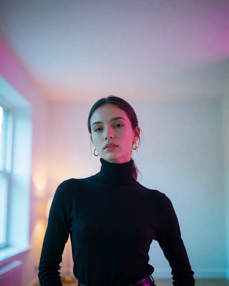 Young woman with sleek dark hair in a black turtleneck standing in a softly lit gallery-style interior in Manhattan