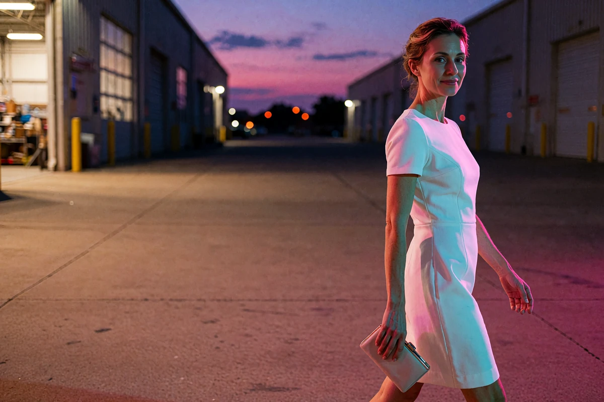 Elegant woman in a white structured dress walking through the Dallas Design District at dusk
