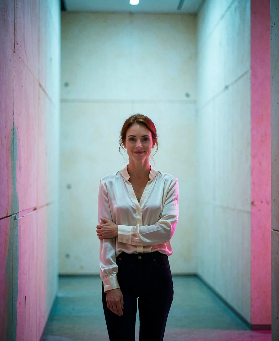 Woman with auburn hair in an ivory silk blouse standing in a modern gallery interior in Seattle