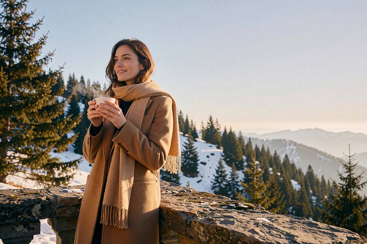 Woman in a camel wool coat holding a warm drink on a mountain resort terrace near Denver in morning light